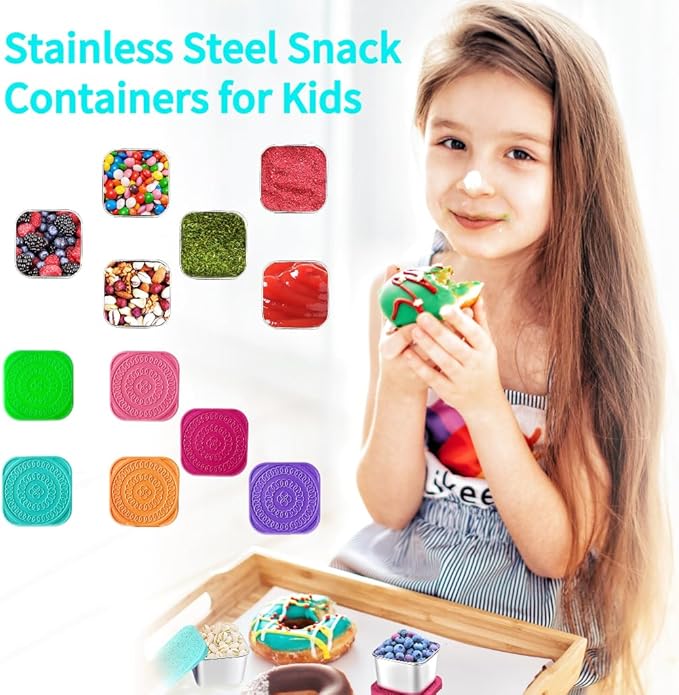 HTEVW 6Pack 6oz Stainless Steel Snack Containers for Kids, Easy Open Leak Proof Metal Toddler Snack Containers with Silicone Lids, Stackable Metal Toddler Lunch Box for Daycare, School and Travel