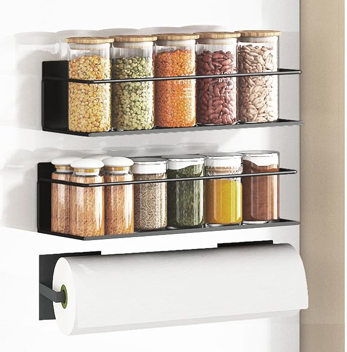 Magnetic Spice Rack For Refrigerator, Space Saving Magnetic Shelf For Fridge Black 2 Pack