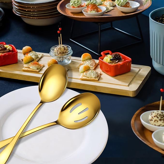 4 Piece Stainless Steel Serving Spoons Set, 10-Inch, Includes 2 Large, 2 Slotted, for Parties/Kitchen/Buffet/Catering, Dishwasher Safe, Gold