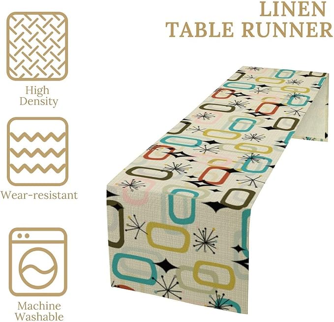 Mid Century Table RunnerRetro Atomic Starbursts Boho Abstract Geometric Art Printed Dinner Runner for Home Kitchen Dining Table Decor Fabric 1 Panel W13xL90in