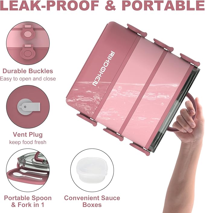RIKDOKEN Lunch Box, Stackable 3 Layers Containers, Portable 94OZ Large Capacity Leakproof Bento Box with Spoon & Fork & Sauce Boxes, Microwave Safe Lunch Box for Kids and Adults