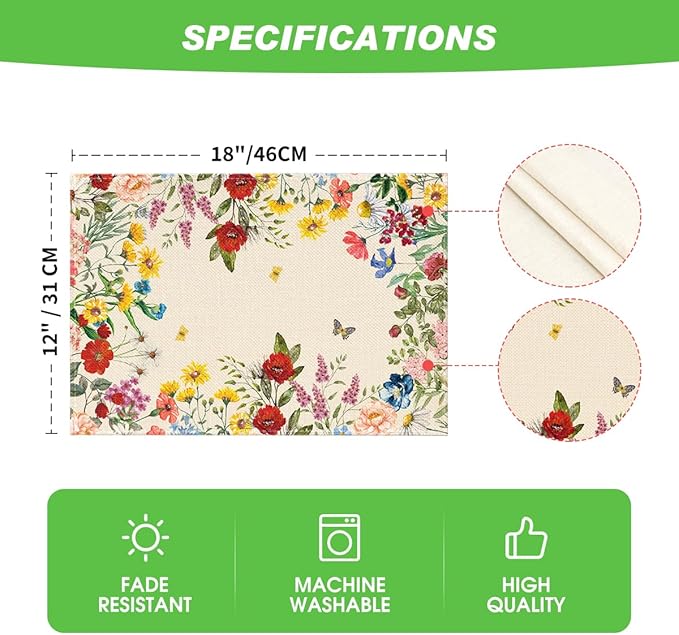 Artoid Mode Vintage Floral Spring Placemats Set of 4, 12x18 Inch Seasonal Holiday Table Mats for Party Kitchen Dining Decoration