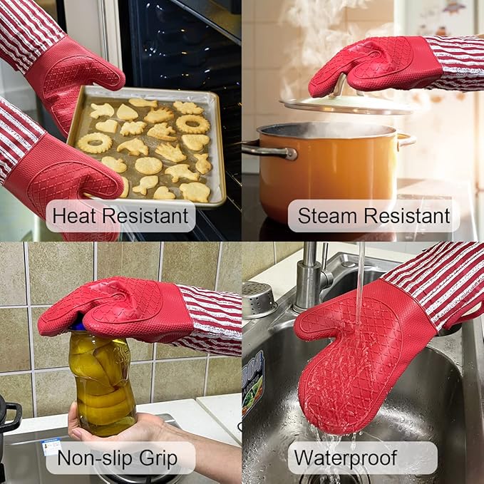 Alselo Silicone Oven Mitts Heat Resistant 932℉ with Waterproof & Non-Slip Kitchen Mittens, Set of 2 Extra Long Oven Gloves with Soft Cotton Terry Lining for Baking Cooking Barbecue (2, Red Mitts)