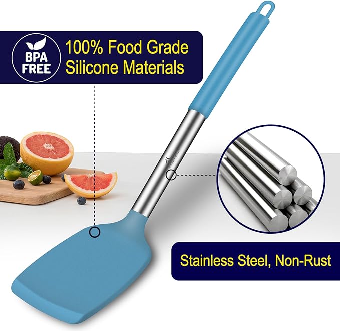 HOTEC Silicone Spatula Set of 2 Heat-Resistant 600°F & BPA-Free Kitchen SaptulaTurner with Stainless Steel Handles, Slotted & Solid Spatulas for Nonstick Cookware, 13.7 Inch, Blue