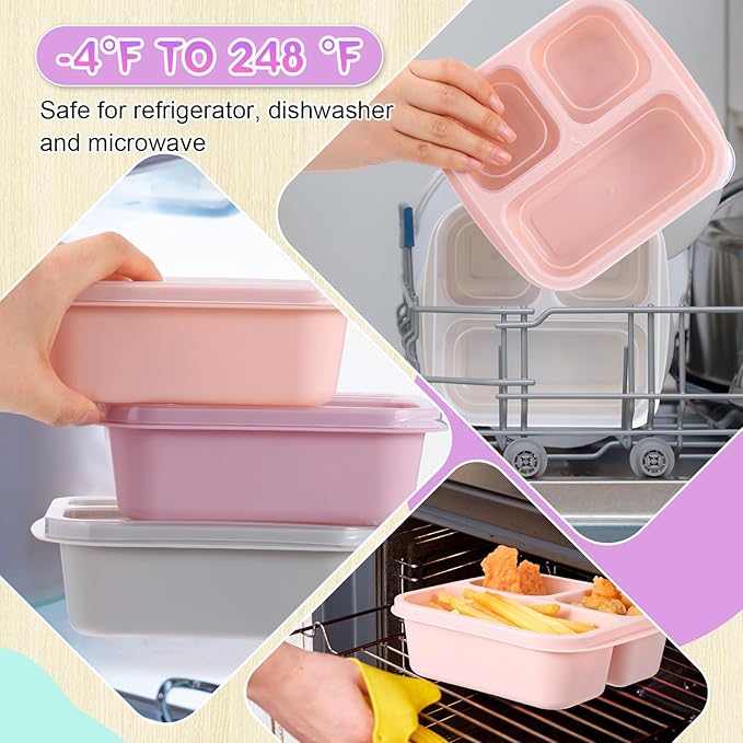 Honeydak 5 Pack Snack Containers 3 Compartment Bento Snack Boxes Divided Meal Prep Containers with Lids Reusable Adults Lunch Food Storage Box for School Work Travel(Pink Gray)