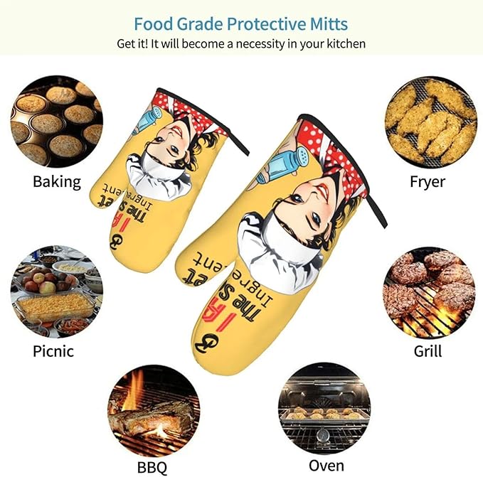 Cute Yellow Retro Chef Humorous Oven Mitts & Pot Holders Set of 3, Heat Resistant Funny Kitchen Gloves and Hot Pads for Cooking Baking Grilling, Gifts for Women Cooking Lovers, Home Decor, Yellow Red