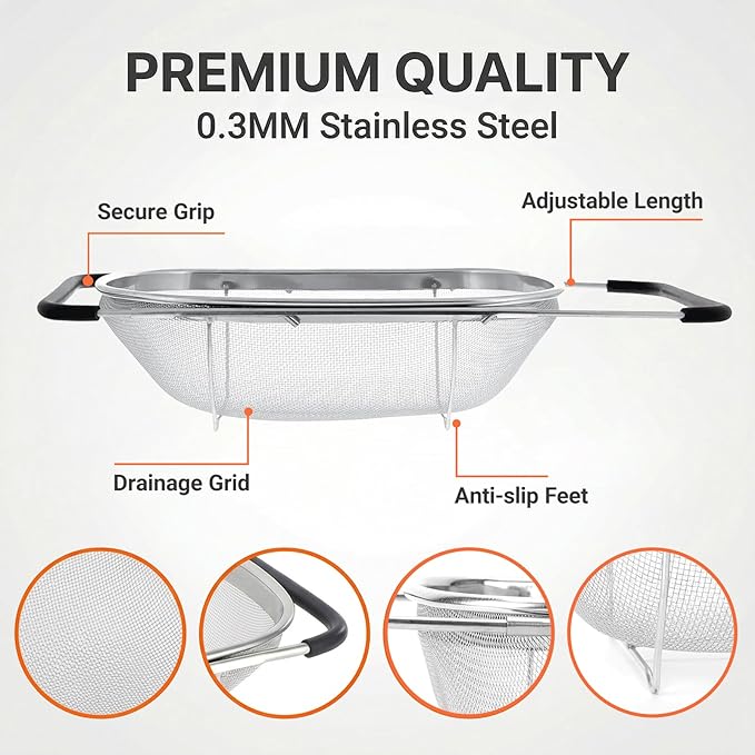 Over The Sink Colander, Fine Mesh Stainless Steel Strainers and Colanders, 6 Quarts Stainless Steel Oval Colander with Expandable Rubber Grip Handle, Steel Colander for Strain, Drain, Rinse