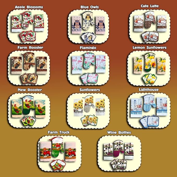 Lobyn Value Packs: Bright Sunflower5 Piece Kitchen Towel Set with 2 Decorative Dish Towels (25 X15), 1 Oven Mitt (11 X 7) and 2 Potholders (6.5 X 6.5)
