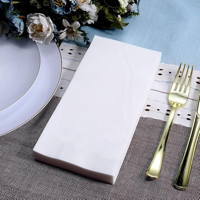 FOCUSLINE 200 Disposable Bathroom Napkins, Linen-Feel Paper Guest Towels, Soft and Absorbent Paper Hand Towels Party Napkins for Bathroom, Kitchen, Dinner, or Event, White, 12" x 17"