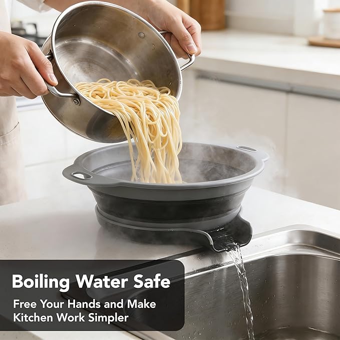 Collapsible Colander Set of 3 with Kitchen Counter Self-draining Base, Round Silicone Food Foldable Strainer for Cooking Pasta, Vegetables and Fruit (3QT, 4QT and 5QT)