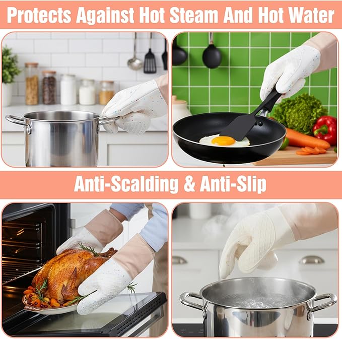7 Pcs Kitchen Oven Mitts and Pot Holders Sets, Silicone Oven Mittens Potholders Heat Resistant 500°F Cotton Lining Non-Slip Cute Mitts with Hook Up & Oil Brush for Kitchens Cooking Baking BBQ (Cream)