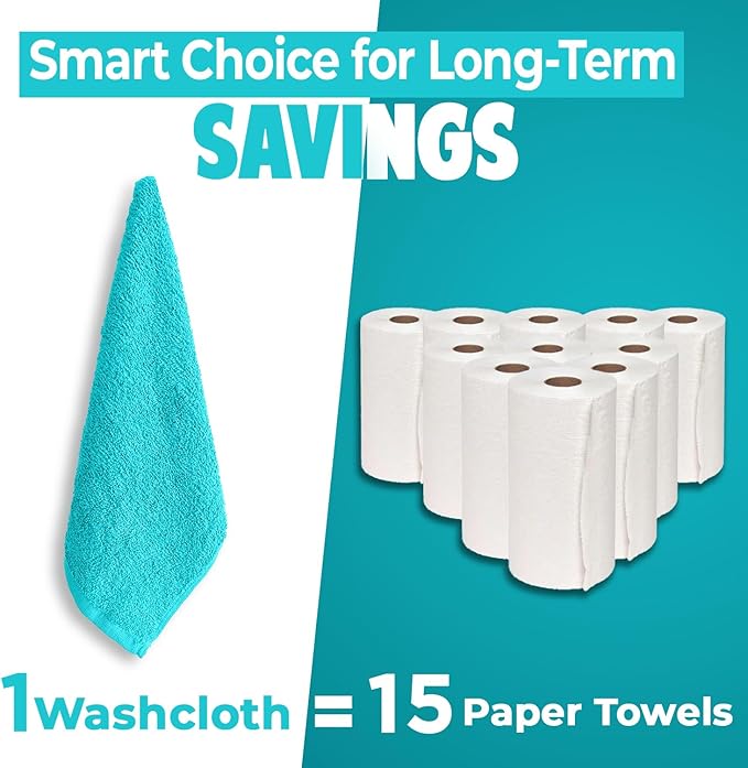DAN RIVER 12 Pack Wash Cloths for Showering [12x12] - 100% Cotton Washcloths Premium Quality Flannel Face Cloths for Bathroom, Highly Absorbent and Soft Feel Wash Clothes, Aqua