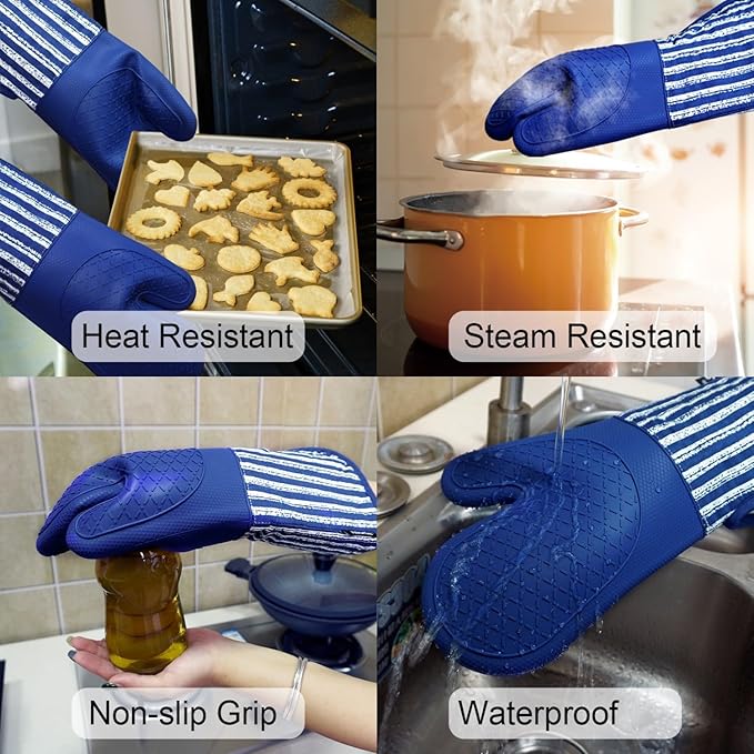 Alselo Silicone Oven Mitts Heat Resistant 932℉ with Waterproof & Non-Slip Kitchen Mittens, Set of 2 Extra Long Oven Gloves with Soft Cotton Terry Lining for Baking Cooking Barbecue (Cobait Blue, 2)