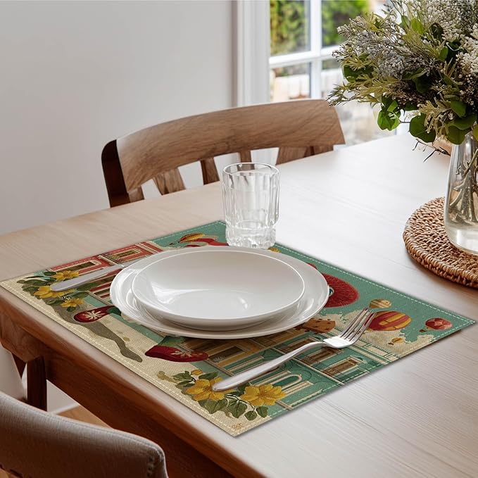HOMETITUTE Colorful Placemats Set of 4 Linen 12x18 Inch Washable Table Mats Fun Frog Playing Guitar Design Decorative Dining Table Placemats Set of 4 Farmhouse Kitchen Holiday and Everyday Use