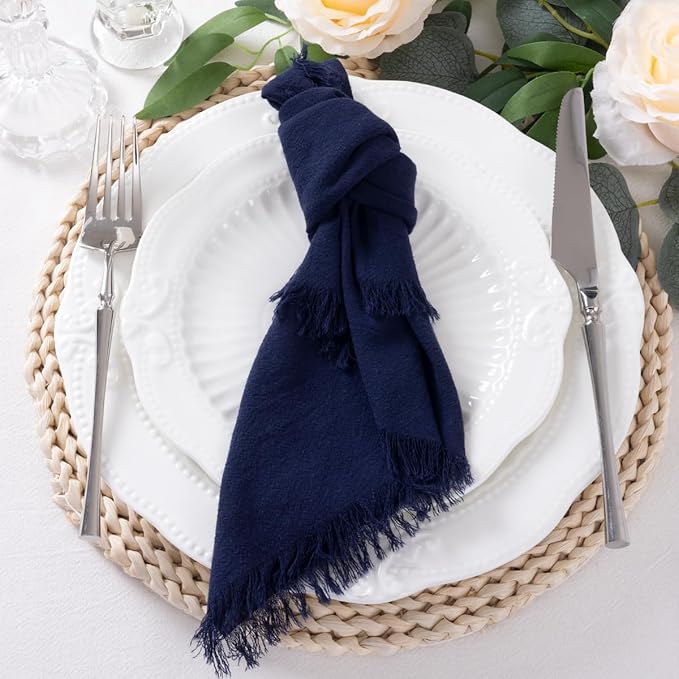 DeZerlor 12 Pack Navy Blue Cotton Linen Napkins with Fringe Spring Cloth Napkins Set of 12 Boho Handmade Dinner Napkins Bulk for Wedding Bridal Baby Shower Parties, 17 x 17 Inches