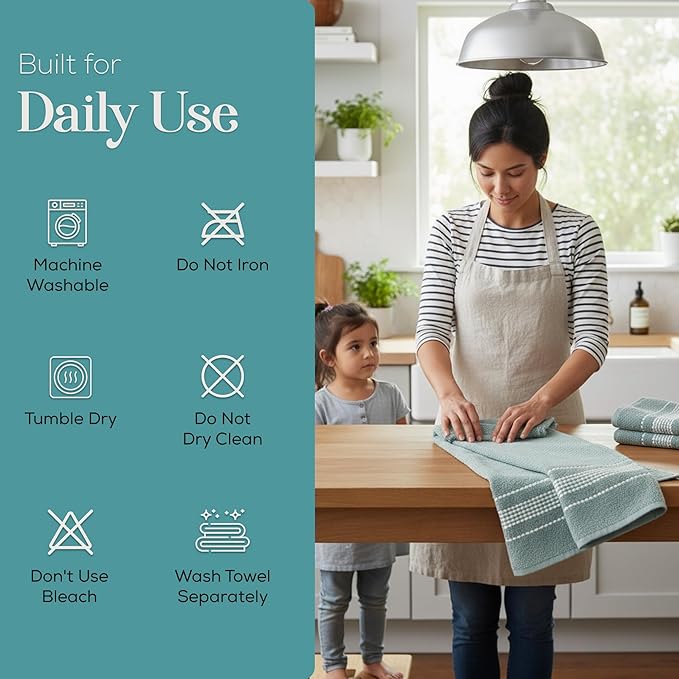 MosJos Kitchen Towels, Blue and White Stitched Design Hand Towels, Cotton Soft Large 18 x 28 Dobby Weave Super Absorbent Tea Towels Drying Cloth Kitchen Linens