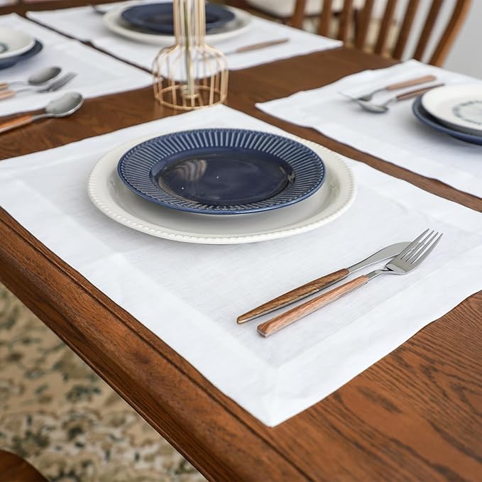 Simple&Opulence Linen Placemats Set of 4 – Hemstitched Dinner Cloth Placemats for Wedding,Party,Mothers Day,Easter – Machine Washable and Reusable 14"×19" White