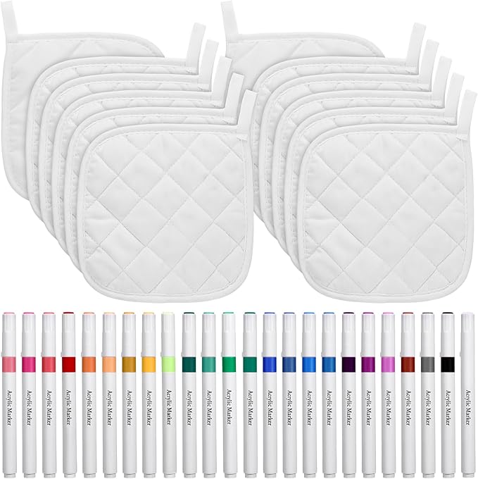 Newtay 36 Pcs Mother's Day Pot Holders Craft Project Set Including 12 White Pot Holders and Oven Mitts with 24 Makers for Kitchen Heat Resistant Cooking and Baking DIY Activities
