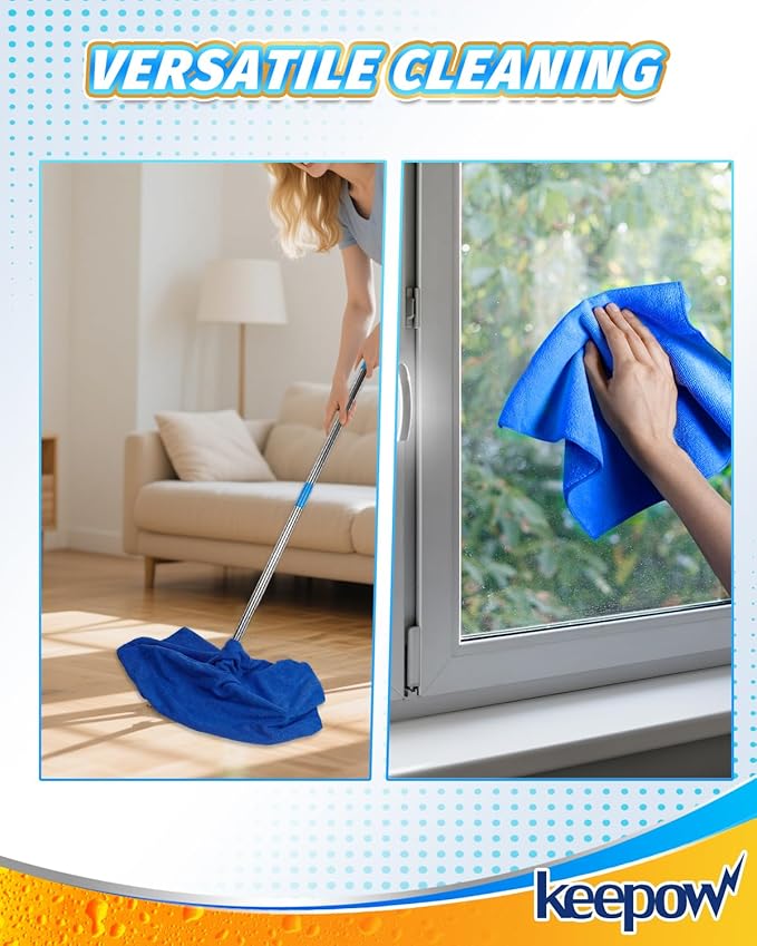 KEEPOW 10PCS Microfiber Cleaning Cloths Extra Large 30" x 20", Multi-Purpose Color Rags, Washable Reusable Streak Free Lint Free Towels for Floor Mop (White & Blue & Green & Black & Grey)