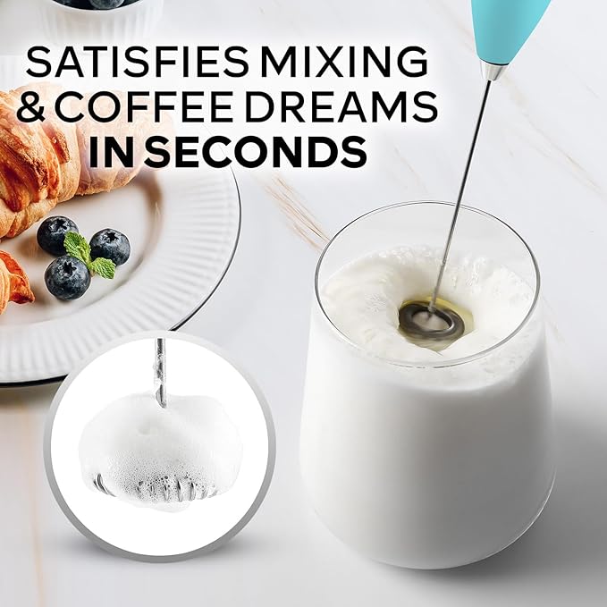 Zulay Kitchen Powerful Milk Frother Wand With 4 AA Duracell Batteries - Ultra Fast Handheld Drink Mixer - Electric Whisk Foam Maker for Coffee, Lattes, Cappuccino, Matcha & Creamer - Aqua