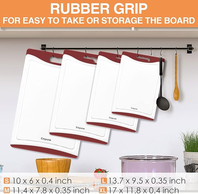 Empune Extra Large Cutting Boards, Plastic Cutting Boards for Kitchen (Set of 4) Cutting Board Set Dishwasher Safe Chopping Board with Juice Grooves Easy-Grip Handles, Red