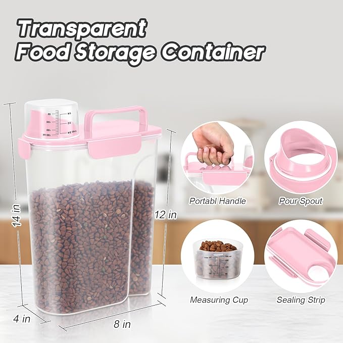LEAWALK 5Lbs Airtight Cat Dog Food Storage Container with Upgraded Large Nozzle BPA-Free, Pet Food Storage Containers for Rice, Grain, Pet Food, Flour, Dog Treat Storage (Light Pink, (3L+5L)-2pack)