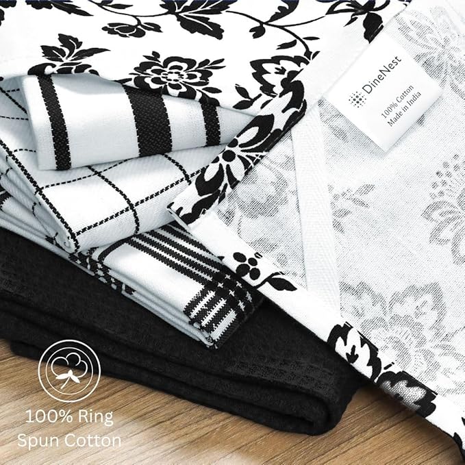 Assorted Kitchen Towels 100% Cotton 16x26 Inch - Super Absorbent, Soft & Quick Drying, Multi-Purpose for Drying & Cleaning, Ideal for Kitchen & Home Use, Set of 5 Low-Lint Dish Towels Black