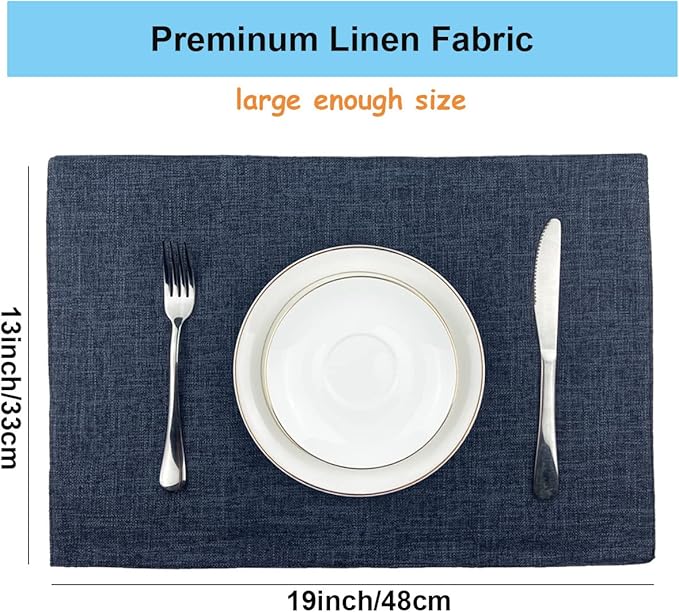 Weabetfu Cloth Placemats Set of 6 Heat Resistant Dining Table Placemmats Cotton Linen Machine Washable Kitchen Table Mats Wrinkle Free Thick Fabric Place Mats,Easy to Clean,13" x 19"
