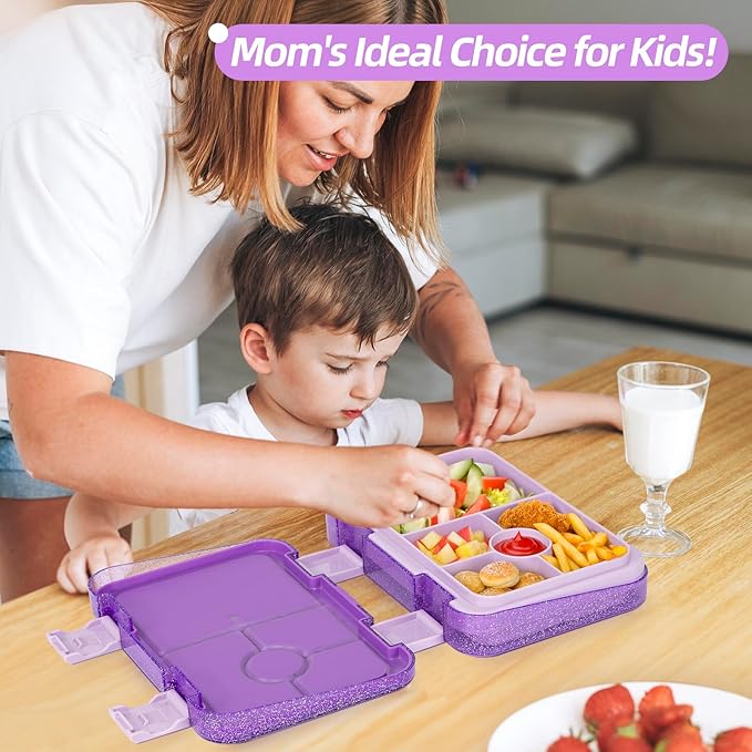 Bento Lunch Box for Kids, 6 Compartments BPA Free, Dishwasher Safe Back to School Snack Bento Lunch Containers Boxes, Ideal Portion Sizes for On-the-Go Meal, Shiny Purple