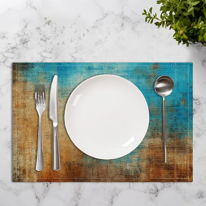 Farmhouse Placemats Set of 4, 12x18 Inch Blue and Orange Vintage Abstract Messy Rust Painting Table Mats for Outdoor Home Party Kitchen Dining Decoration, Washable Non-Slip Heat Resistant Place Mats