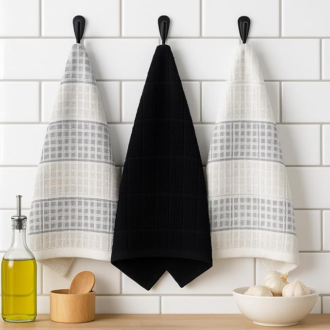 Black Gray Kitchen Dish Towels- Set of 3 100% Cotton Cloth Soft Cleaning Drying Absorbent Textured Honeycomb Weave- Oversized 28" x 18" Multipurpose Towels for Everyday Use