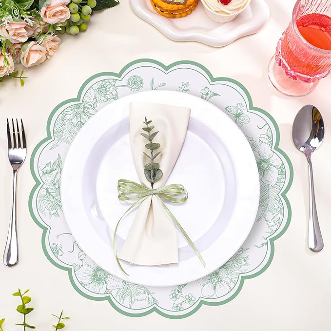 60 Pcs Sage Green Floral Paper Placemat, 13.5 Inch Disposable Scalloped Table Mats Wedding Placemats,Vintage Floral Banquet Place Mats for Mother's Day Wedding Bridal Tea Party Wildflower Party Decor