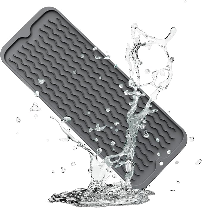 ZLR Silicone Sponge Holder & Sink Caddy Tray (6" x 17") - Narrow Dish Drying Mat for Kitchen Counter - Waterproof Soap Dispenser Organizer, Non-Slip Bathroom Vanity Tray (Dark Gray)
