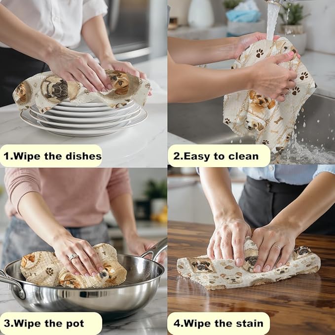 3 Pcs Cute Dog Portrait Kitchen Towels, Vintage Decorative Absorbent Microfiber Dish Cloth Tea Towel, Waffle Soft Hand Towels for Farmhouse Home Bathroom, Dog Lover Gifts