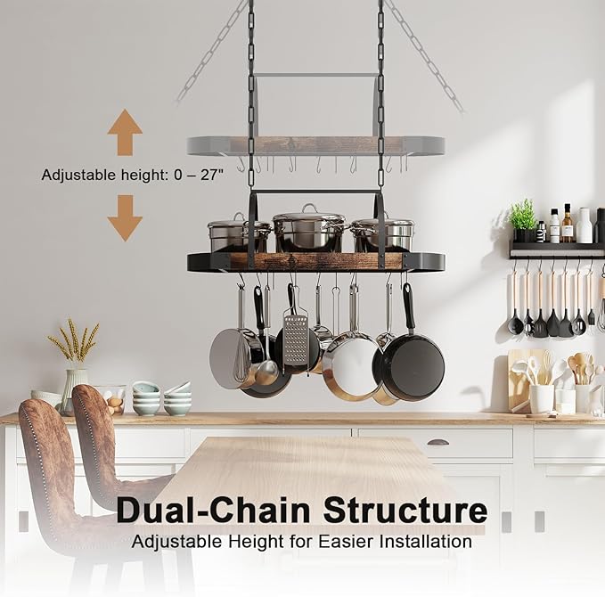 Hanging Pot Rack,32-Inch Ceiling Pot Rack for Kitchen,Space-Saving Pot Hanger with 16 Detachable S Hooks,Sturdy Metal Frame,Industrial Style,for Pot, Pan Storage,Space-Saving