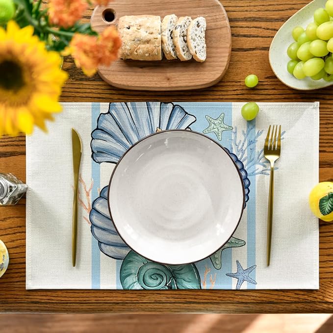 Artoid Mode Sea Shell Starfish Summer Placemats Set of 4, 12x18 Inch Seasonal Spring Ocean Table Mats for Party Kitchen Dining Decoration