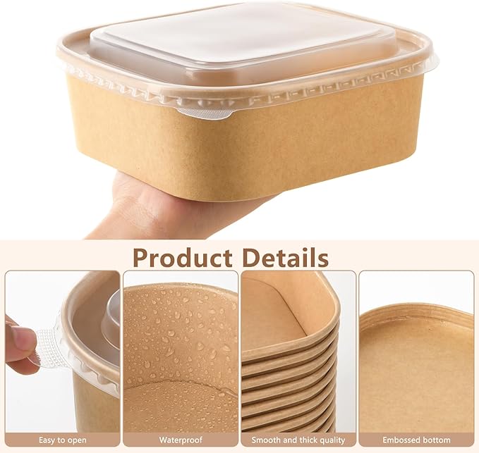 40 Sets 33oz Disposable Kraft Paper Bowls with Lids, Large Paper Food Containers with Lids, Salad Bowls for Hot/Cold Food, Fruit, Meal Prep, Ice Cream, Takeout, Party Supplies(Square, 1000ml)