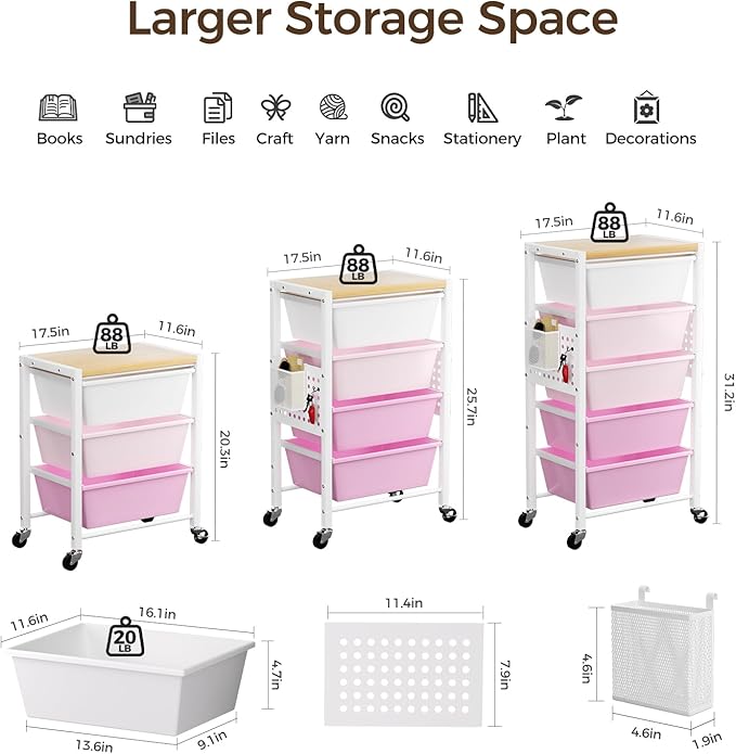 Rolling Cart with 3 Drawers, Plastic Drawer Storage Carts with Lockable Wheels & Wooden Tabletop, Metal Utility Cart Organizer, Office Bedroom Classroom Craft Organization and Storage, Bright Pink