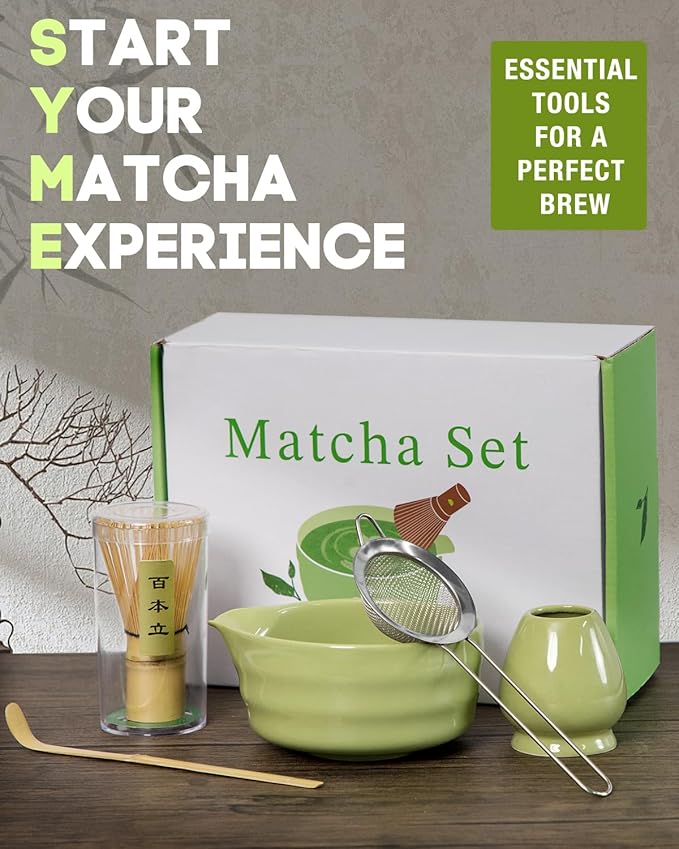 Matcha Whisk Set - 5PCS Matcha Set Includes 17OZ Chawan with Spout, Bamboo Chasen Whisk with Ceramic Holder, Matcha Scoop and Stainless Sifter, Matcha Kit for Ceremony, Gift for Matcha Lovers