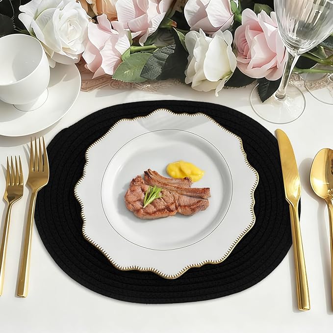 Oval Woven Placemats Set of 6, Boho Cotton Rope Braided Table Mats, 17x13 Inches Non Slip Heat Resistant Place Mats for Dining Room, Thick Hot Pads for Farmhouse Kitchen Table Decor. (Black)