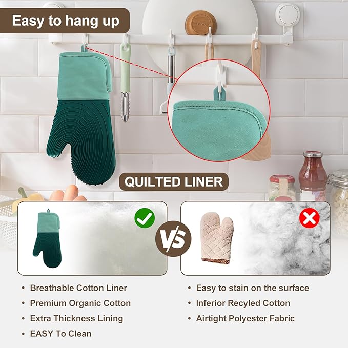Silicone Oven Mitts-13.6 in Extended Oven Mitts Heat Resistant 500F, Oven Gloves with Soft Liner Good Grippy BPA-Free Easy to Clean Flexible-Oven Mits Set for Cooking Baking Grilling BBQ