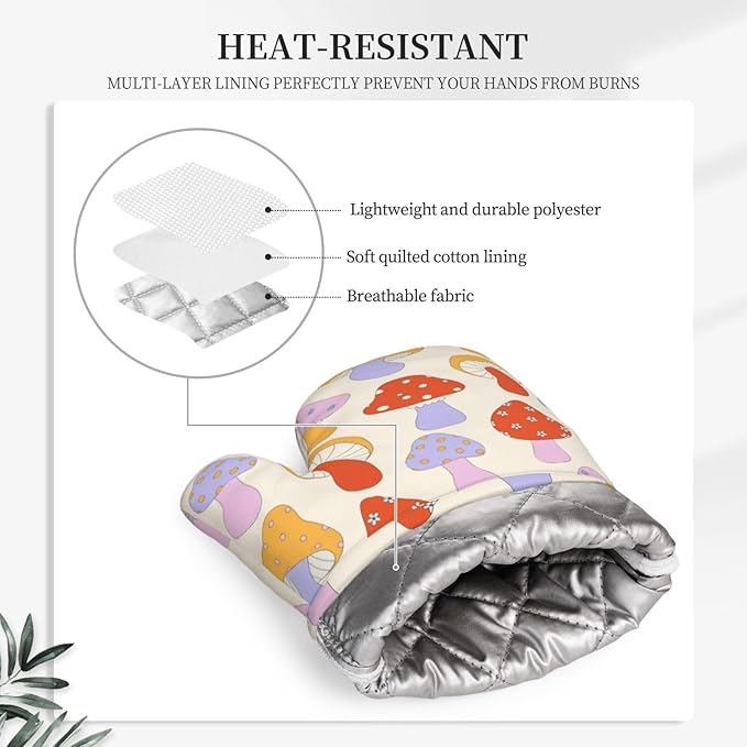 Mushroom Trendy Cute Pop 70s Oven Mitts and Pot Holders Set of 2 Silicone Heat Resistant Oven Mitten Potholders Non Slip Gloves Kitchen Decor for BBQ Cooking Grilling Baking