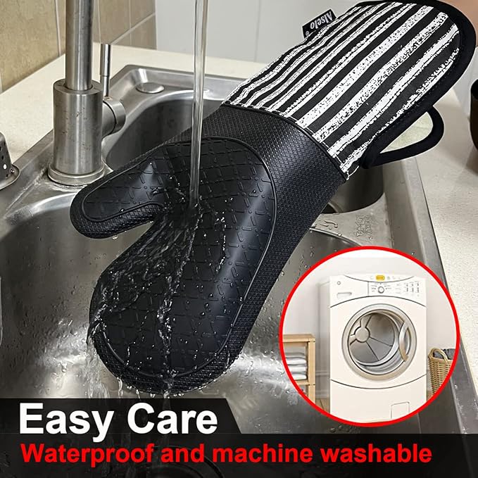 Alselo Silicone Oven Mitts Heat Resistant 932℉ with Waterproof & Non-Slip Kitchen Mittens, Set of 2 Extra Long Oven Gloves with Soft Cotton Terry Lining for Baking Cooking Barbecue (2, Black Mitts)