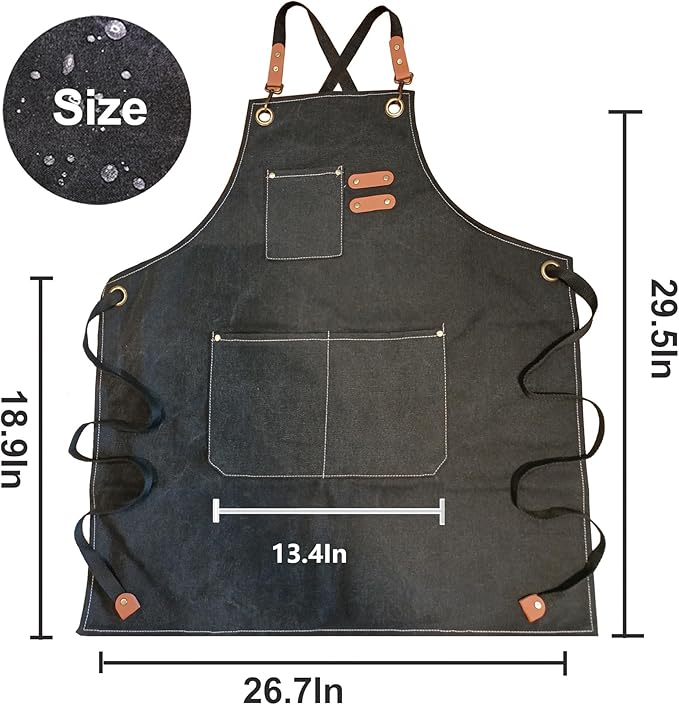 Chef Apron with Large Pockets for Women Men, Cotton Canvas Cross Back Water Repellent Adjustable Work Apron