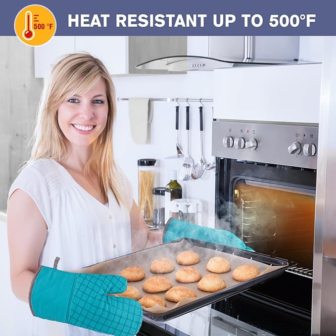 6 Pcs Oven Mitts and Pot Holders, 500℉ Heat Resistant Oven Mitts with Kitchen Towels Soft Cotton Lining and Non-Slip Silicone Surface Safe for Baking, Cooking, BBQ (Lake Blue)