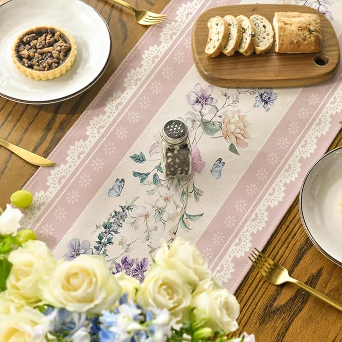 Artoid Mode Pink Printed Lace Floral 210 GSM Spring Table Runner, Seasonal Summer Kitchen Dining Table Decoration for Home Party Decor 13x72 Inch