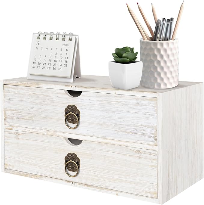 Wood Desk Organizer, White Wooden Desktop Organizer with Drawer, Tabletop Storage Organization Box for Countertop, Home Office Supplies, Bills (2 Drawer)