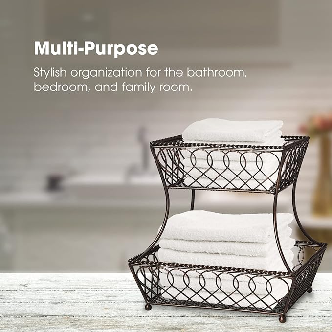Gourmet Basics by Mikasa Loop and Lattice 2-Tier Rectangular Metal Countertop Basket, 14.25 x 12 Inches, Antique Black Finish, Kitchen Fruit and Bread Storage Organizer