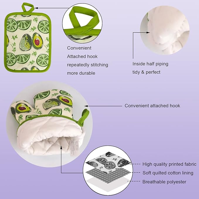 Oven Mitts and Potholders Dish Towles Set 100% Cotton for Perfect for Gifting, Baking and Everyday Cooking Durable Heat Resistant for Kitchen (5-Piece Lemon Avocado)