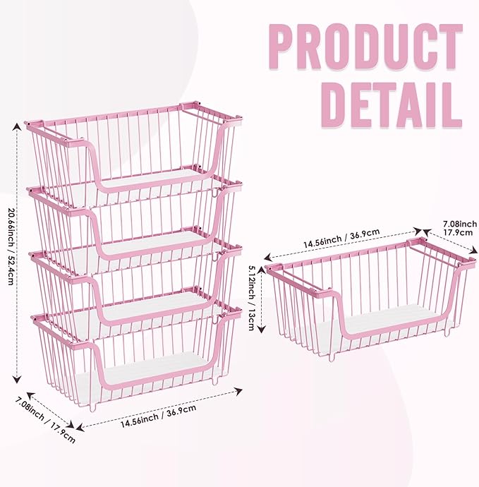 GAOKASE 4 Pcs Stackable Wire Baskets for Pantry Organizers and Storage,Vegetable Fruit Basket for Countertop,Kitchen Storage Metal Baskets,Produce Potato Onion Storage Bin,pink